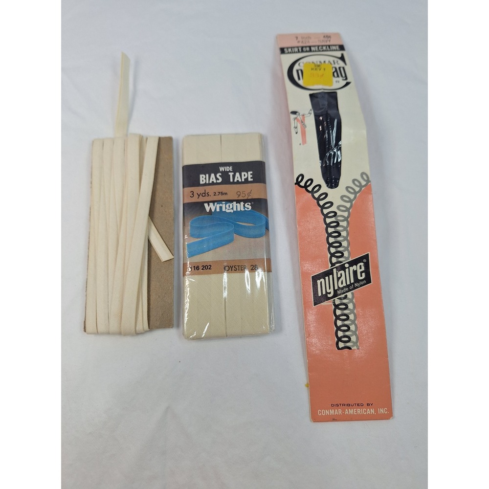 Vintage Wrights Wide Bias Tape Oyster 28  Conmar Nylaire 7 Inch Navy Zipper Lot